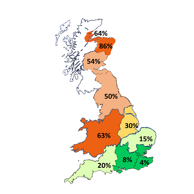 A UK map showing forecast light leaf spot risk (2020-21)